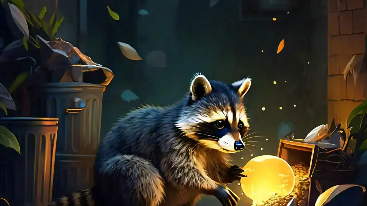 Raccoon rummaging through trash or food: